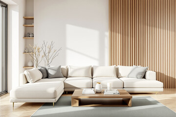 Contemporary living room with beige sectional sofa, wood coffee table, and vertical panel wall in minimalist design on bright background. Ai generative