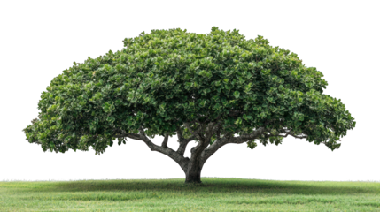 A full, mature tree stands tall in a grassy field, showcasing its broad, green canopy and sturdy trunk.