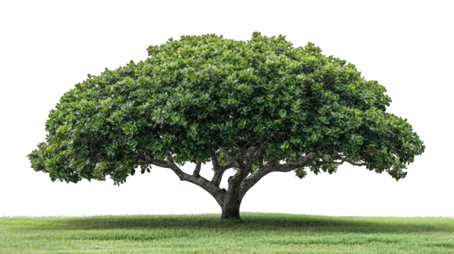 A full, mature tree stands tall in a grassy field, showcasing its broad, green canopy and sturdy trunk.