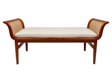 Elegant wooden bench seat featuring woven cane details on curved arms and a comfortable off-white upholstered cushion, classic style furniture isolated against a transparent background