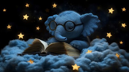 An elephant in glasses reads a book, surrounded by fluffy clouds and twinkling stars in the night sky