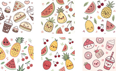 Seamless Kawaii Food Vector Pattern - Cute Snacks and Desserts