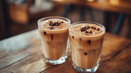 Two glasses of iced latte coffee on a wooden table in a cafe, with the focus on the glass with milk 
