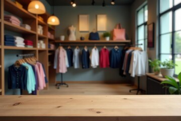 Clean wooden surface, clothing boutique backdrop, visual merchandising, backdrop