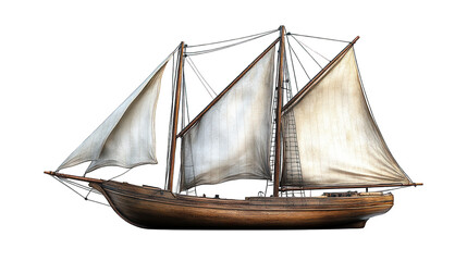 Obraz premium A detailed image of a three-masted, vintage sailing ship model, rendered in a rich color palette and set against a stark black backdrop.