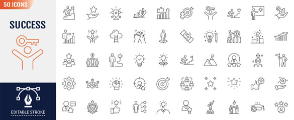 Success line editable icon set. Containing achievement, successful, strategy, winner, teamwork, goal, brainstorm and more. Vector illustration