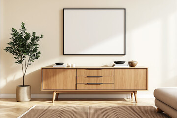 Wooden sideboard with drawers, blank frame above, potted plant on left, minimalist decor in bright room, interior design layout concept. Ai generative