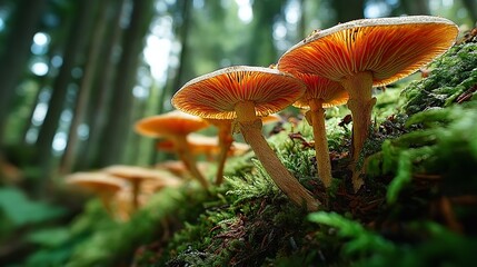 Close-Up Macro Shot of Bright Orange Mushrooms Growing on Mossy Forest Floor with Blurred Background