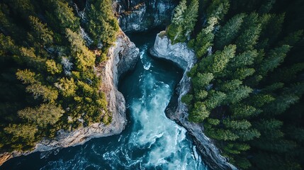 High-angle view of a rushing river carving through a rocky gorge surrounded by dense forest.