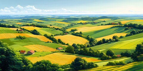 Obraz premium Patchwork farmland stretches to the horizon with green and yellow fields, scattered trees, and rural houses in a bright anime-style aerial view. 