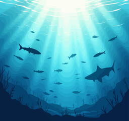 Underwater Sharks Silhouette with Sun Rays and Coral Reef