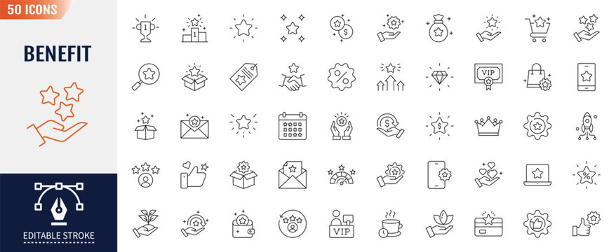 Benefit line editable icon set. Containing icons: Exclusive benefits linear icon collection. Containing reward, bonus, loyalty, star, award, prize, incentive, reward and more. Vector illustration