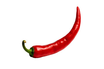 Single vibrant red hot chili pepper with green stem, fresh spicy vegetable ingredient representing heat and flavor in cooking, isolated food object against a transparent background