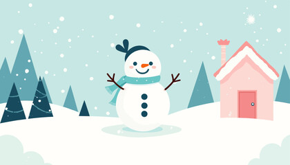 Whimsical Snowman Scene with Pink House and Falling Snow