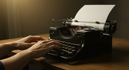 hands typing on a typewriter on a wooden table. Press reporter typing on a typewriter