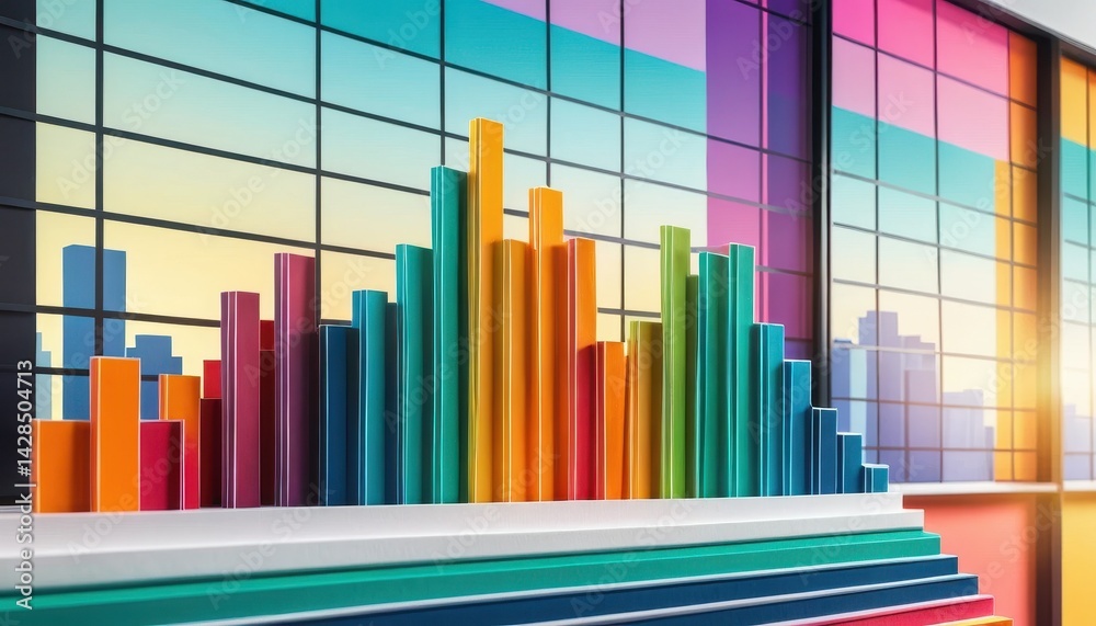 Poster Vibrant Colorful Bar Graph on Multi-tiered Platform Depicting Growth Against Stylized Cityscape Background with Geometric Window Design Elements