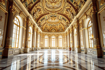 Fototapeta premium Grand palace interior with ornate golden ceiling, tall windows, and elegant marble floor in a lavish baroque style on a bright background. Ai generative
