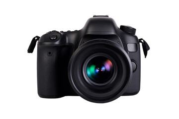 Professional black digital DSLR or mirrorless camera body with lens attached, front view photography equipment object isolated against a transparent background for tech concepts