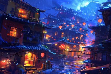 Obraz premium A vibrant, illuminated street scene featuring traditional architecture, colorful lanterns, and a moody atmosphere, evoking a sense of wonder and nostalgia.