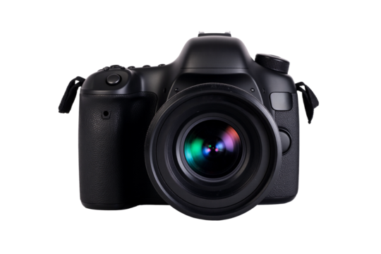 Professional black digital DSLR or mirrorless camera body with lens attached, front view photography equipment object isolated against a transparent background for tech concepts