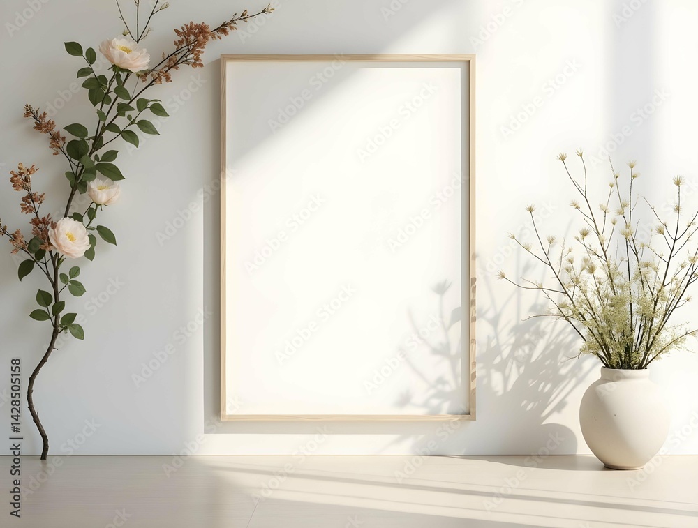 Poster a white rectangular photo frame sits on a wooden table