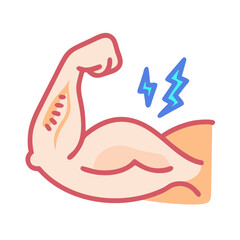 Strong biceps cartoon icon with lightning bolts illustration