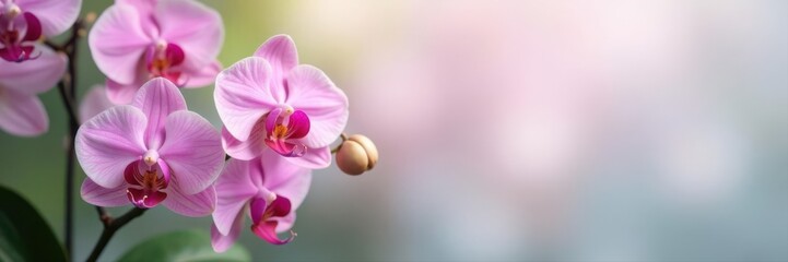 Fototapeta premium Delicate pink phalaenopsis orchids, soft focus, pastel backdrop , macro, floral