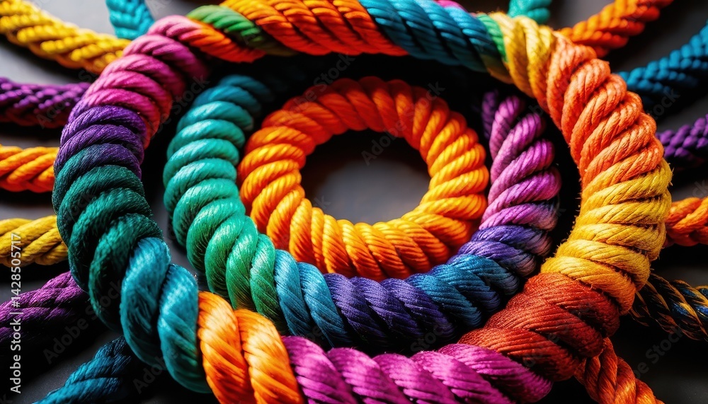 Poster Vibrant Collection of Colorful Ropes Arranged in Concentric Circles on Dark Gray Background Creating a Striking Visual Contrast and Appealing Design