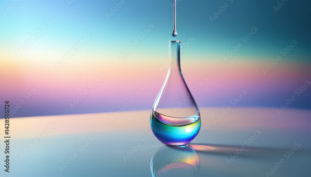 Poster Iridescent drop falls into teardrop-shaped glass bottle of shimme liquid against a soft pastel background creating a captivating visual experience
