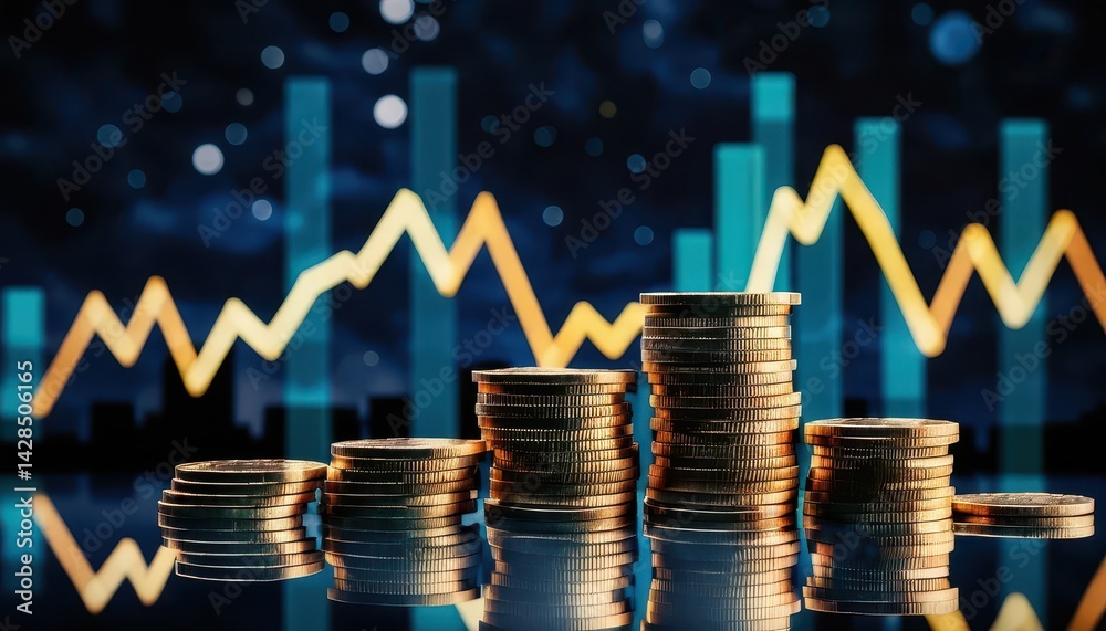 Poster stacks of gold coins increasing in height on reflective surface against background of fluctuating te