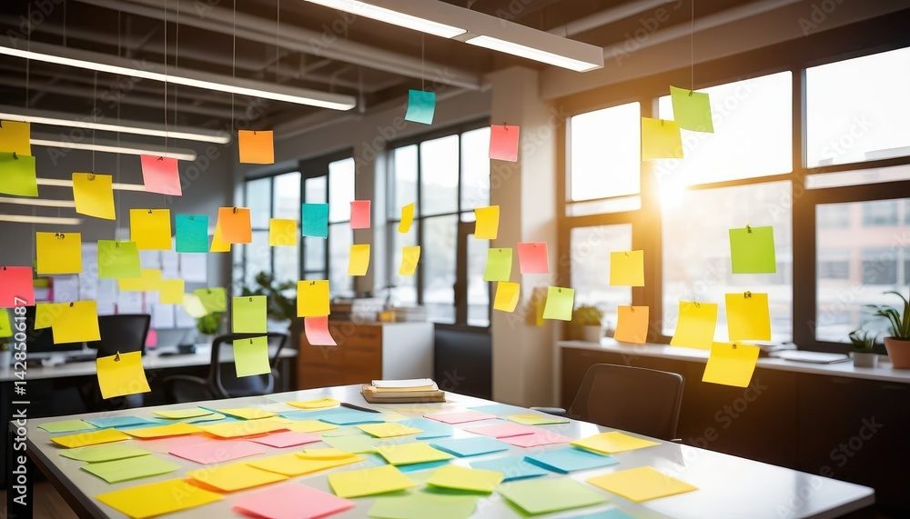 Poster Modern office interior design showcasing colorful sticky notes on a large table and ceiling, ideal for brainstorming and project planning sessions