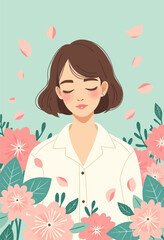Woman in white shirt with pink flowers and closed eyes