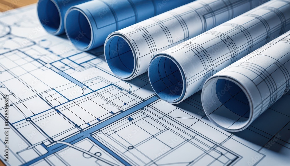 Poster Four Rolled Blueprints on Larger Unfolded Blueprint Displaying Architectural and Enginee Designs in Various Shades of Blue and Intricate Details