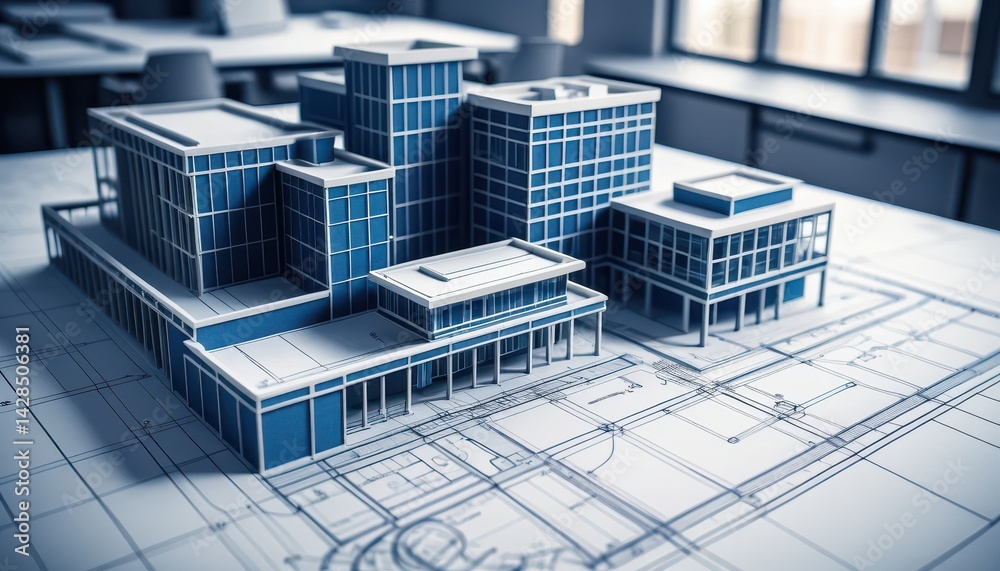 Poster Architectural model of a modern building complex displayed atop blueprints in a bright, professional office setting highlighting design process and creativity