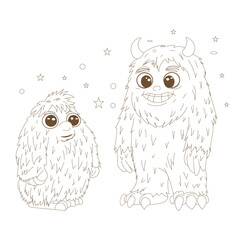 Coloring page monsters for kids, coloring book for children, doodle line art, learning to color