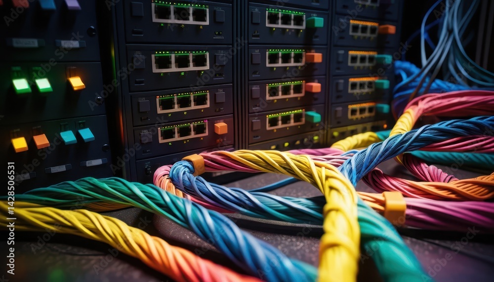 Poster Close-Up View of Tangled Network Cables in Vibrant Colors Set Against Dark Gray Server Racks Creating a Dynamic Technological Background Scene