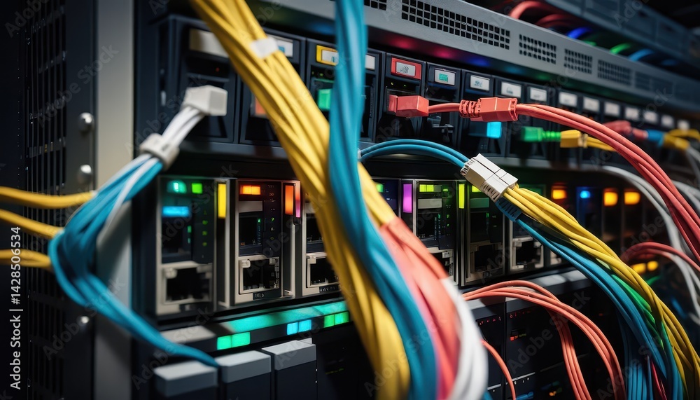 Poster Close-up of a server rack filled with multicolored network cables and connections illustrating the complexity of modern network infrastructure technology