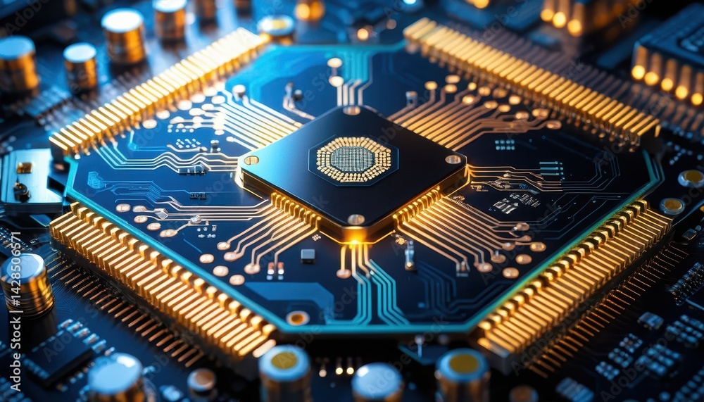 Poster Close-Up View of an Intricate Microprocessor with Gold Circuitry on a Dark Blue Circuit Board Featu a Subtly Glowing Central Processing Unit