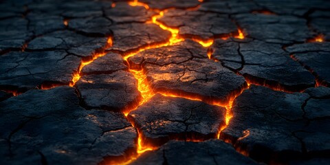 Cracked volcanic rock reveals glowing lava beneath in a low-angle close-up, with fiery lighting and dramatic textures in shallow depth focus.