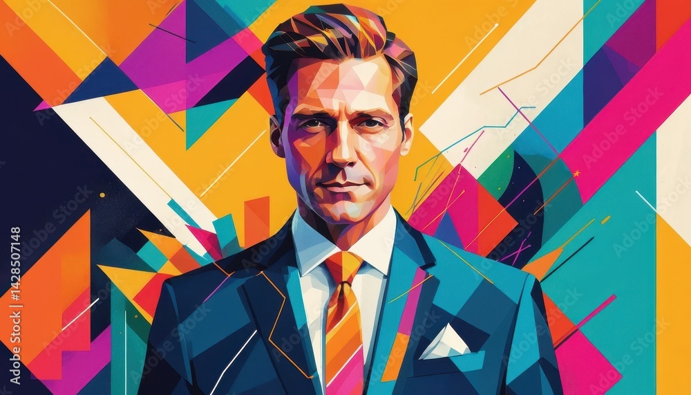 Poster Stylized Portrait of a Man in a Suit Rendered in Bold Geometric Shapes and Vibrant Colors with an Abstract Polygon Background Filled with Colorful Design