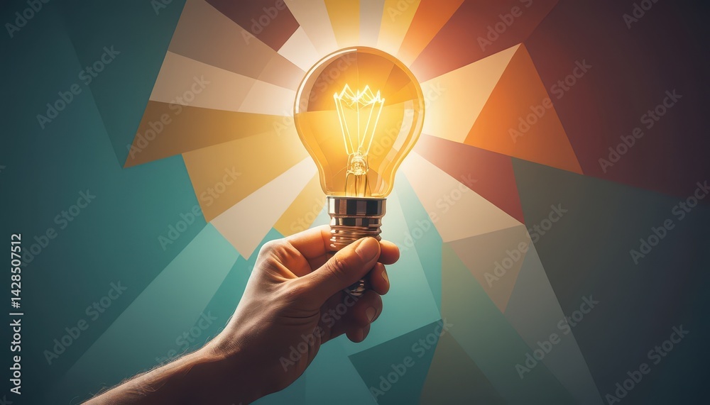 Poster a hand holds a glowing lightbulb symbolizing inspiration against a vibrant backdrop of colorful geom