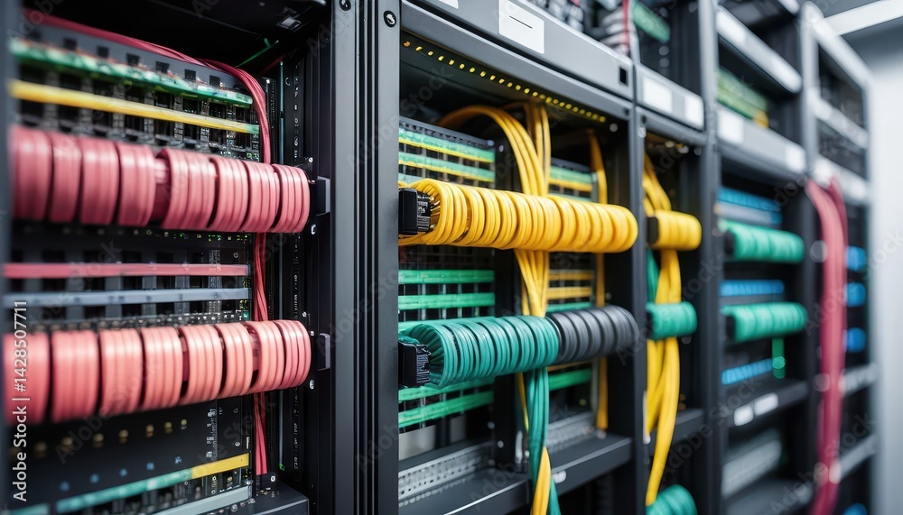 Poster Neatly Organized Rows of Color-Coded Network Cables Connected to Network Switches Within a Server Rack in a Modern Data Center Environment