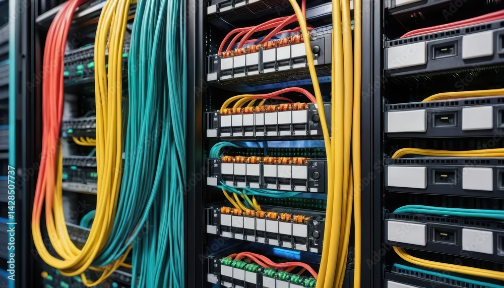 Poster Close-up View of a Dense Server Rack Filled with Network Equipment and Color-Coded Cables Highlighting Complex Data Center Infrastructure and Design