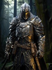 A knight in ornate armor stands in a forest with a helmet and shoulder pieces with intricate designs
