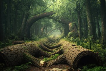 Curved tree trunks create a mystical pathway through a lush forest in early morning light