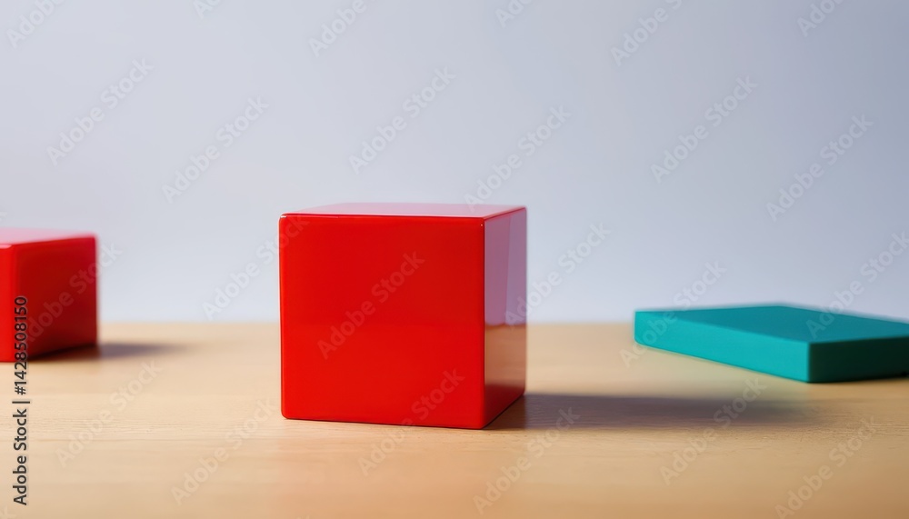 Aufkleber Large Red Cube Centered on Light Wood Surface with Smaller Red Cube to Left and Teal Rectangular Prism to Right Against a Muted Background