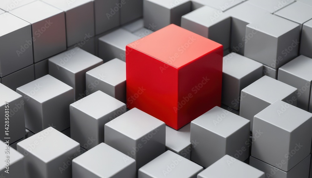 Poster A Vibrant Red Cube Surrounded by Uniform Gray Cubes Creating a Striking Visual Contrast in a Three-Dimensional Block Arrangement Displaying Diversity