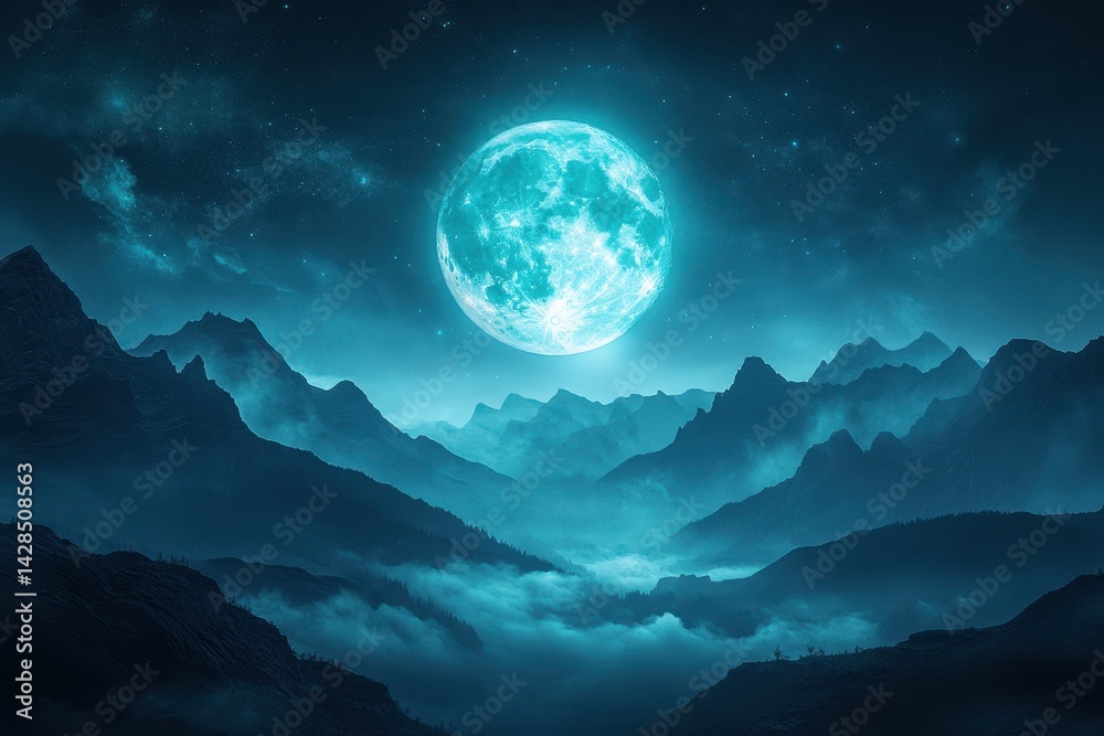 Poster nighttime mountain landscape with luminous moon and starry sky creating a mystical atmosphere above 