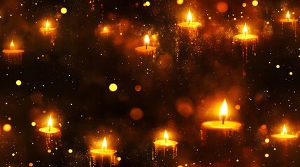 Fototapeta premium Warm glow of numerous flickering candles in the dark.