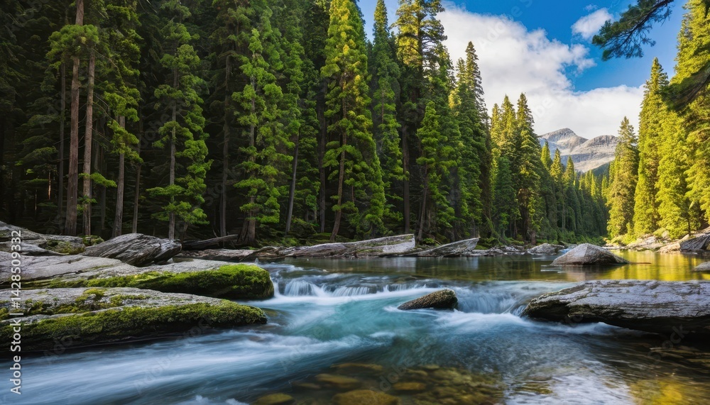 Aufkleber a tranquil journey along a serene river flowing through a lush evergreen forest with cascading water
